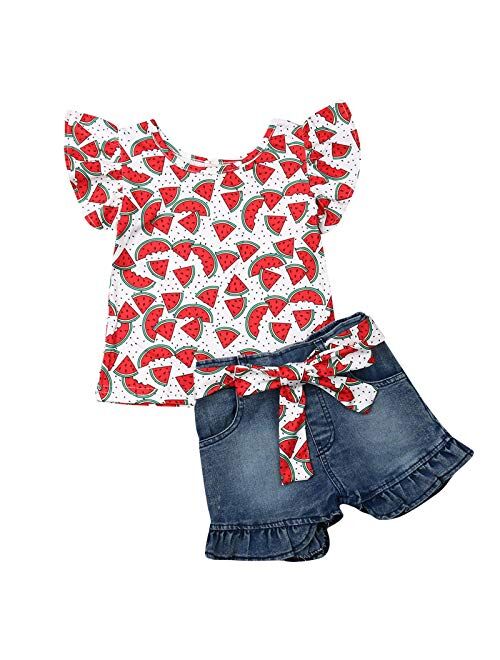 Canis Toddler Baby Girls Jeans Shorts Outfits Floral Shirt Tops Ripped Denim Shorts Summer Clothes Set