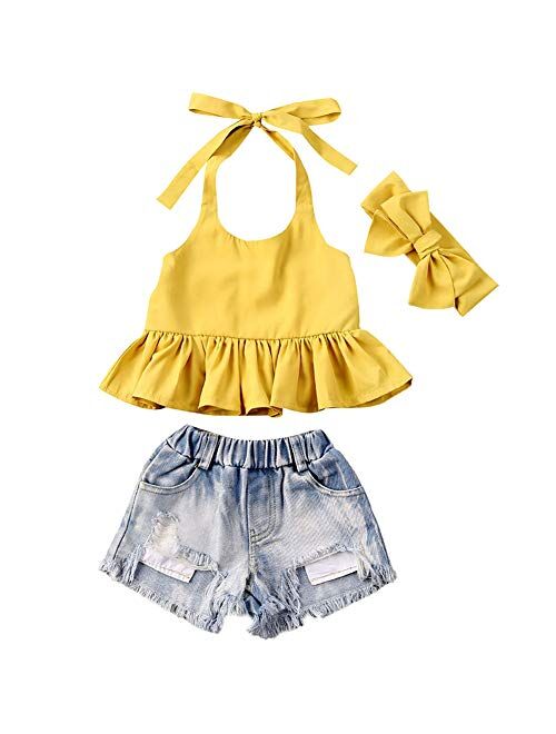 Canis Toddler Baby Girls Jeans Shorts Outfits Floral Shirt Tops Ripped Denim Shorts Summer Clothes Set