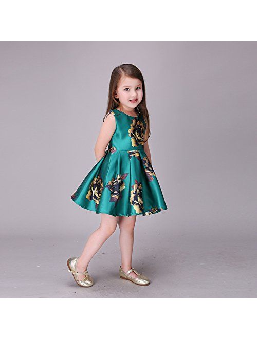 Kidscool Little Girls Sleeveless Yellow Rose Print Green Princess Dress