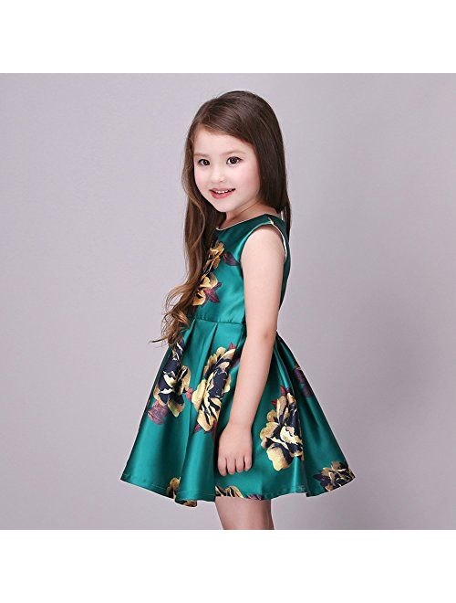 Kidscool Little Girls Sleeveless Yellow Rose Print Green Princess Dress