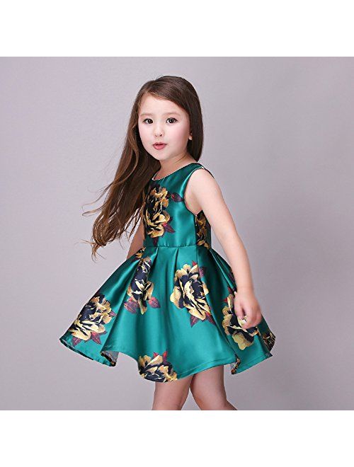 Kidscool Little Girls Sleeveless Yellow Rose Print Green Princess Dress