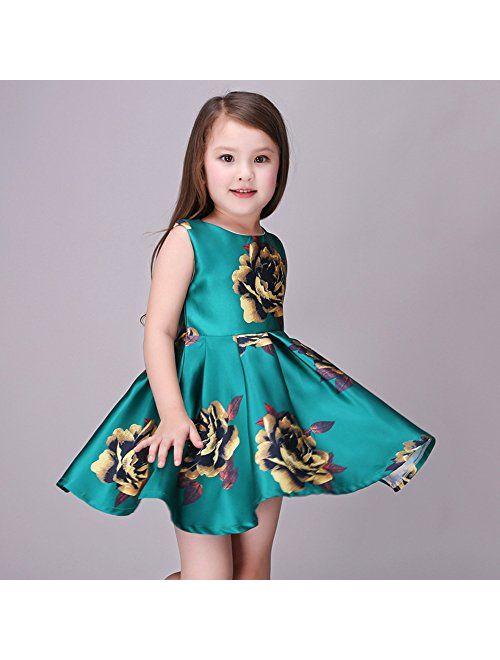 Kidscool Little Girls Sleeveless Yellow Rose Print Green Princess Dress