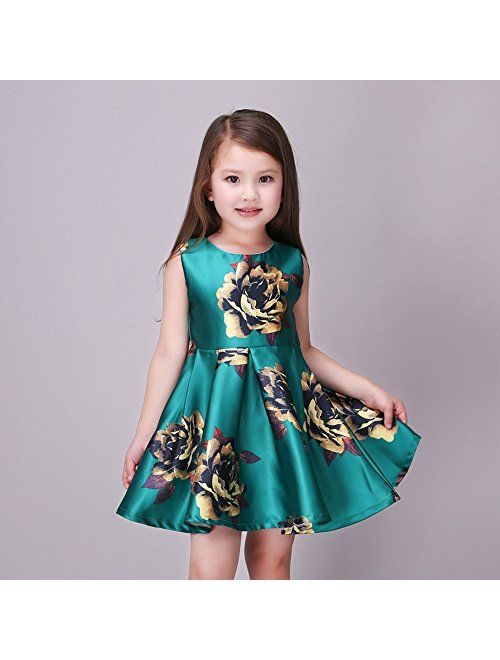 Kidscool Little Girls Sleeveless Yellow Rose Print Green Princess Dress