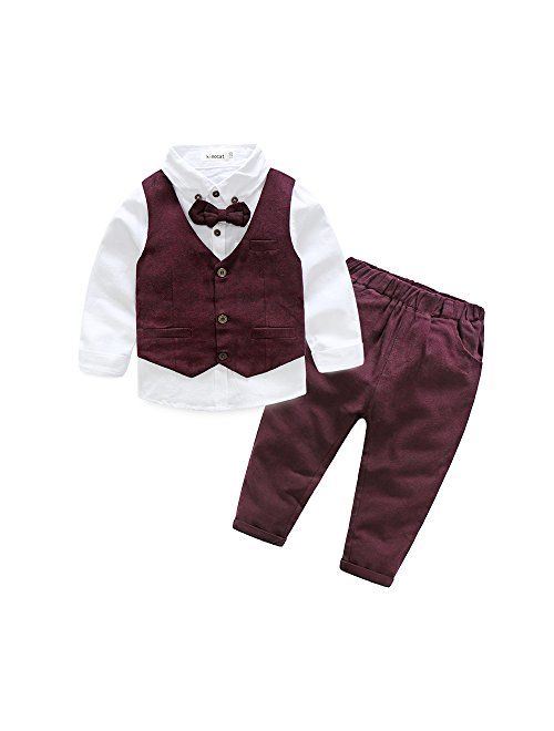 Boys 3Pcs Clothing Sets Cotton Long Sleeve Bowtie Shirts +Vest +Pants Casual Suit