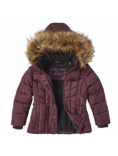 Girls Quilted Fleece Lined Winter Puffer Jacket Coat Faux Fur Trim Zip-Off Hood