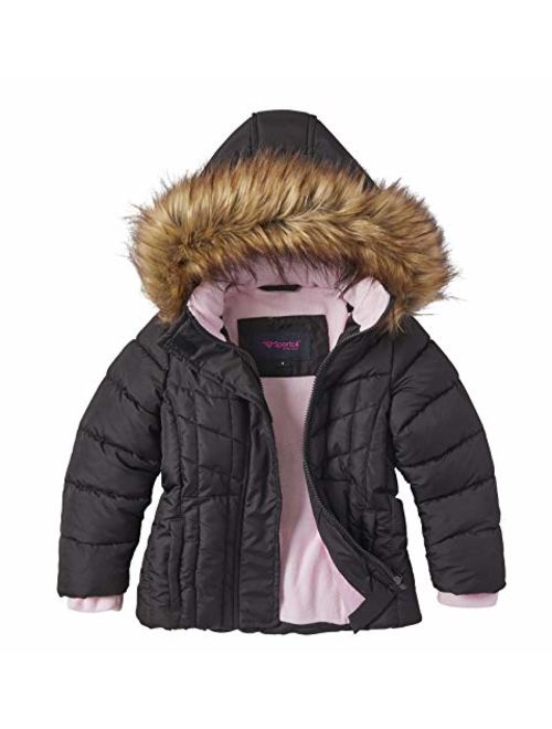 Girls Quilted Fleece Lined Winter Puffer Jacket Coat Faux Fur Trim Zip-Off Hood