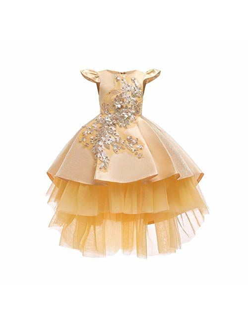 IBTOM CASTLE Little Girls Handmade Flower High Low Dress Birthday Party Fancy Lace Princess Costume Dance Ball Gown