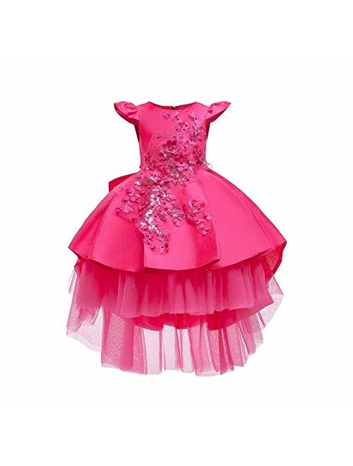 IBTOM CASTLE Little Girls Handmade Flower High Low Dress Birthday Party Fancy Lace Princess Costume Dance Ball Gown