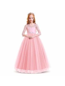 Kids Flower Tulle Lace Dress for Girl Party Fall Wedding Dance Evening Princess Long Sleeves Ball Maxi Gowns