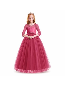 Kids Flower Tulle Lace Dress for Girl Party Fall Wedding Dance Evening Princess Long Sleeves Ball Maxi Gowns