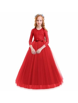 Kids Flower Tulle Lace Dress for Girl Party Fall Wedding Dance Evening Princess Long Sleeves Ball Maxi Gowns