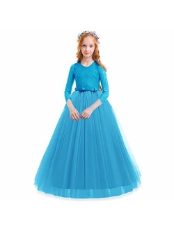 Kids Flower Tulle Lace Dress for Girl Party Fall Wedding Dance Evening Princess Long Sleeves Ball Maxi Gowns