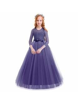 Kids Flower Tulle Lace Dress for Girl Party Fall Wedding Dance Evening Princess Long Sleeves Ball Maxi Gowns