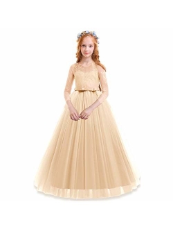 Kids Flower Tulle Lace Dress for Girl Party Fall Wedding Dance Evening Princess Long Sleeves Ball Maxi Gowns