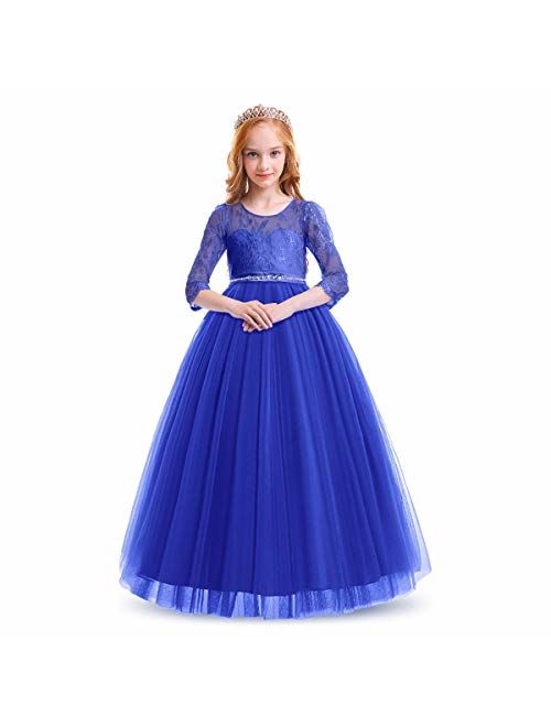 Kids Flower Tulle Lace Dress for Girl Party Fall Wedding Dance Evening Princess Long Sleeves Ball Maxi Gowns