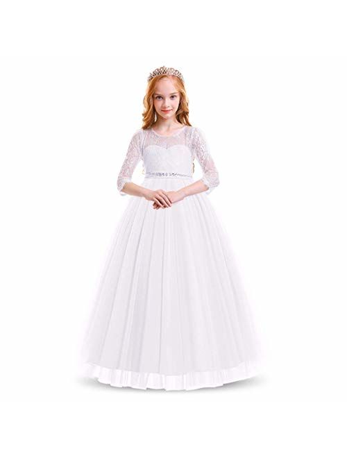 Kids Flower Tulle Lace Dress for Girl Party Fall Wedding Dance Evening Princess Long Sleeves Ball Maxi Gowns