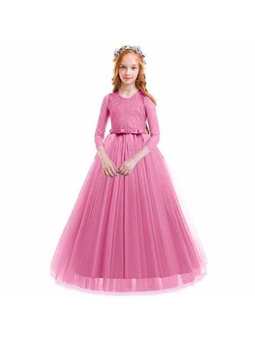 Kids Flower Tulle Lace Dress for Girl Party Fall Wedding Dance Evening Princess Long Sleeves Ball Maxi Gowns