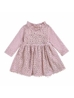 1-5T Kids Girl Hollow Lace Dress pom pom Short Sleeve Princess Frilled Waist Dress