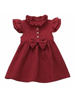 1-5T Kids Girl Hollow Lace Dress pom pom Short Sleeve Princess Frilled Waist Dress