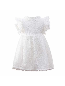 1-5T Kids Girl Hollow Lace Dress pom pom Short Sleeve Princess Frilled Waist Dress