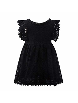 1-5T Kids Girl Hollow Lace Dress pom pom Short Sleeve Princess Frilled Waist Dress