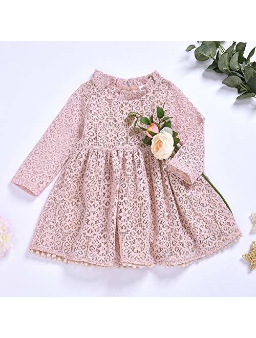 1-5T Kids Girl Hollow Lace Dress pom pom Short Sleeve Princess Frilled Waist Dress