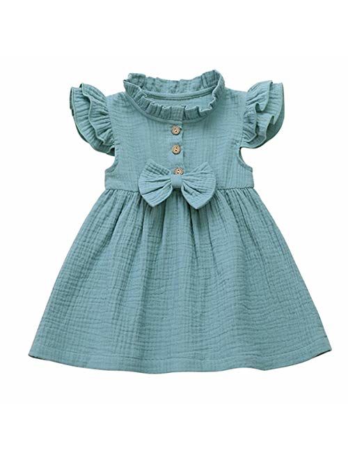 1-5T Kids Girl Hollow Lace Dress pom pom Short Sleeve Princess Frilled Waist Dress