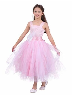 FEESHOW Girls Kids Lace up Back Wedding Bridesmaid Pageant Party Flower Girl Dress Fluffy Long Gowns