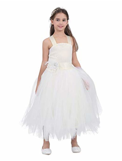 FEESHOW Girls Kids Lace up Back Wedding Bridesmaid Pageant Party Flower Girl Dress Fluffy Long Gowns