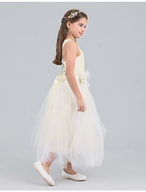 FEESHOW Girls Kids Lace up Back Wedding Bridesmaid Pageant Party Flower Girl Dress Fluffy Long Gowns