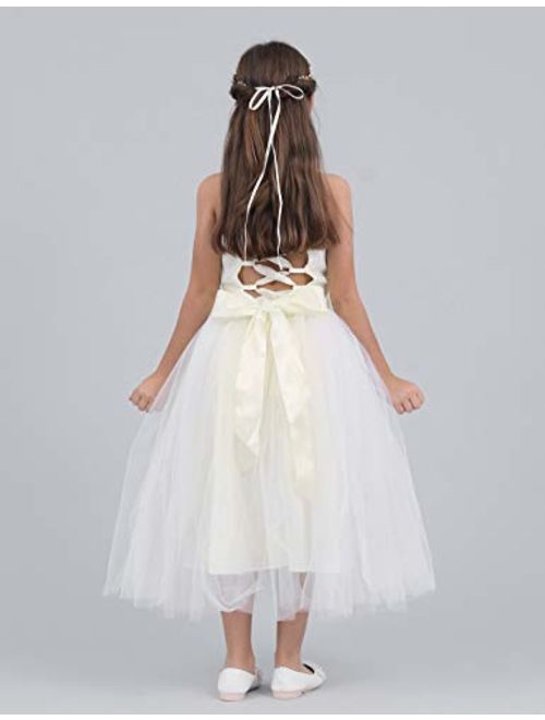 FEESHOW Girls Kids Lace up Back Wedding Bridesmaid Pageant Party Flower Girl Dress Fluffy Long Gowns