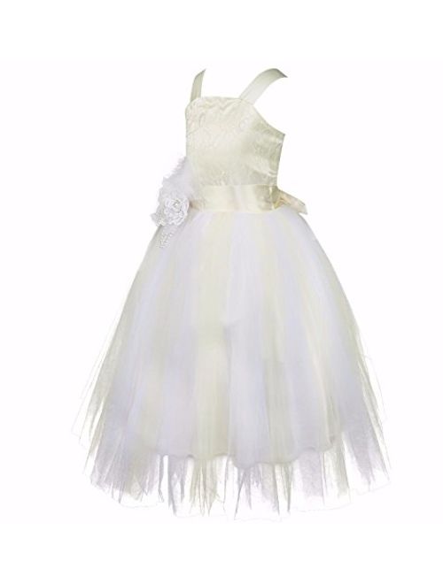 FEESHOW Girls Kids Lace up Back Wedding Bridesmaid Pageant Party Flower Girl Dress Fluffy Long Gowns