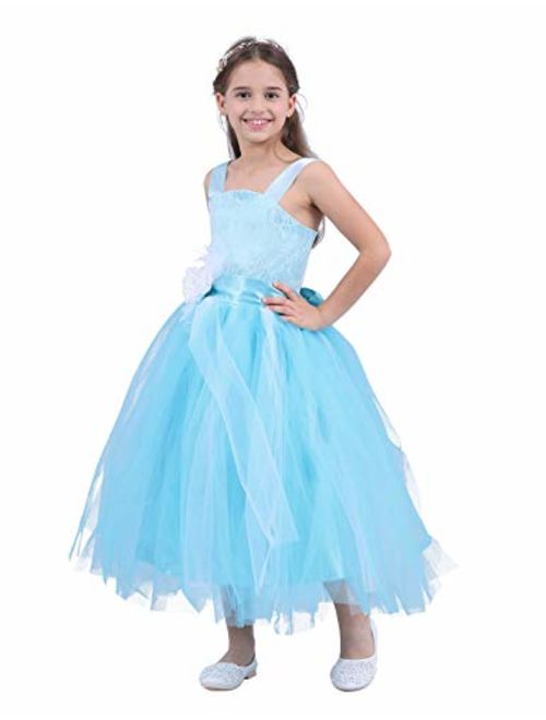 FEESHOW Girls Kids Lace up Back Wedding Bridesmaid Pageant Party Flower Girl Dress Fluffy Long Gowns