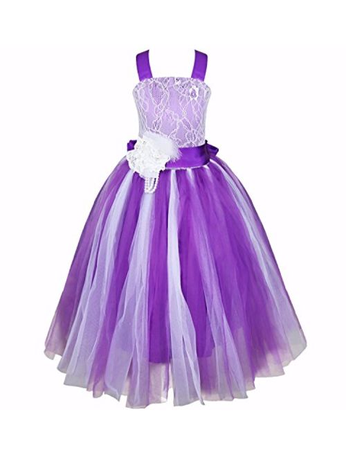 FEESHOW Girls Kids Lace up Back Wedding Bridesmaid Pageant Party Flower Girl Dress Fluffy Long Gowns