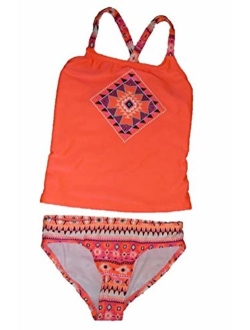 Girls' Cross Back Tankini 2-Piece Swimsuit, Hot Coral, Aztec