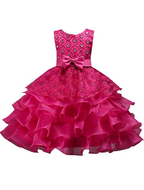 DreamHigh Wedding Flower Girl's Ruffles Lace Cute Bow Waist Evening Dress up