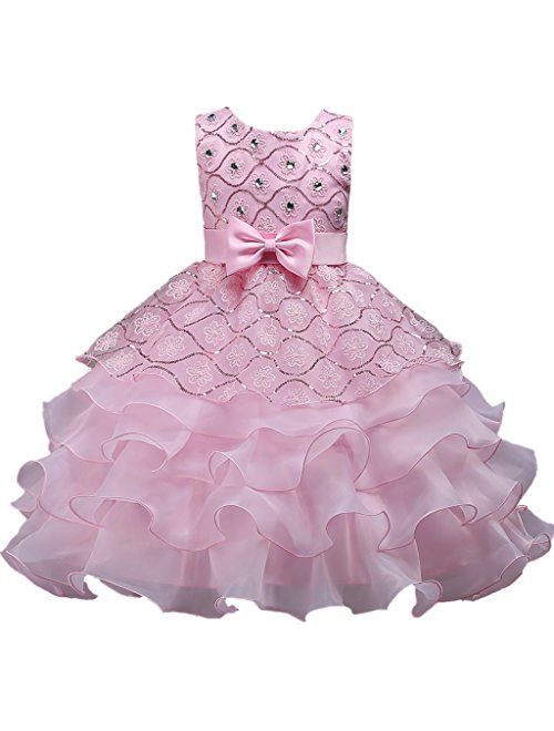 DreamHigh Wedding Flower Girl's Ruffles Lace Cute Bow Waist Evening Dress up