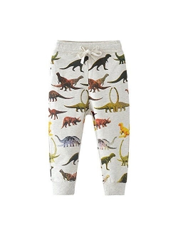 HUAER& Boys Cartoon Print Dinosaur Monkey Pattern Cotton Pants Drawstring Elastic Sweatpants