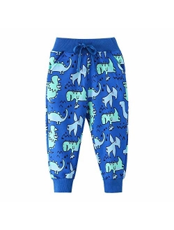 HUAER& Boys Cartoon Print Dinosaur Monkey Pattern Cotton Pants Drawstring Elastic Sweatpants