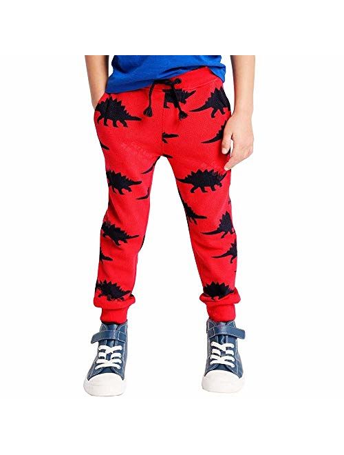 HUAER& Boys Cartoon Print Dinosaur Monkey Pattern Cotton Pants Drawstring Elastic Sweatpants