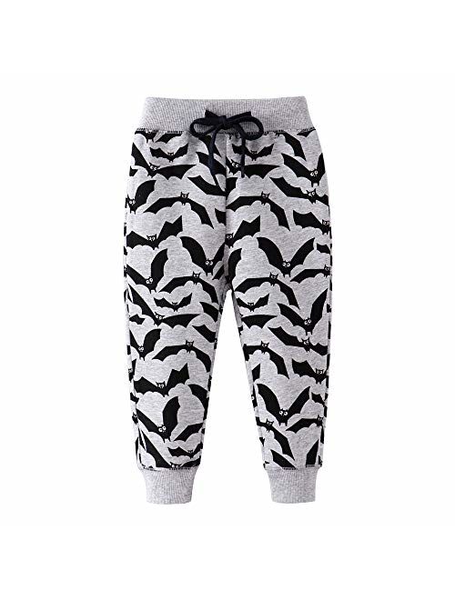 HUAER& Boys Cartoon Print Dinosaur Monkey Pattern Cotton Pants Drawstring Elastic Sweatpants