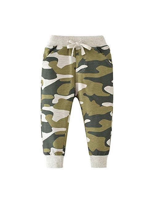 HUAER& Boys Cartoon Print Dinosaur Monkey Pattern Cotton Pants Drawstring Elastic Sweatpants