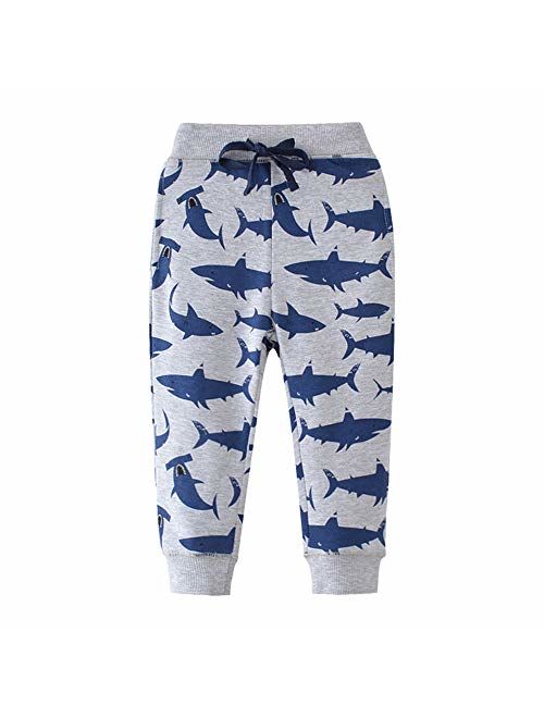 HUAER& Boys Cartoon Print Dinosaur Monkey Pattern Cotton Pants Drawstring Elastic Sweatpants