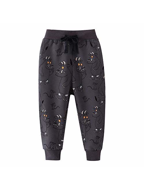 HUAER& Boys Cartoon Print Dinosaur Monkey Pattern Cotton Pants Drawstring Elastic Sweatpants