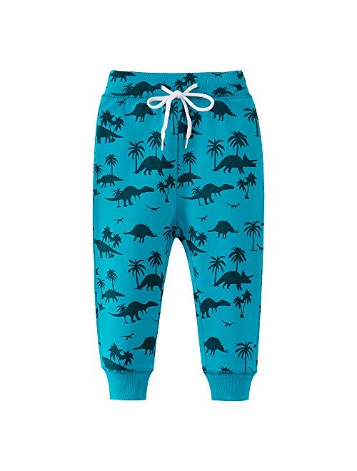 HUAER& Boys Cartoon Print Dinosaur Monkey Pattern Cotton Pants Drawstring Elastic Sweatpants