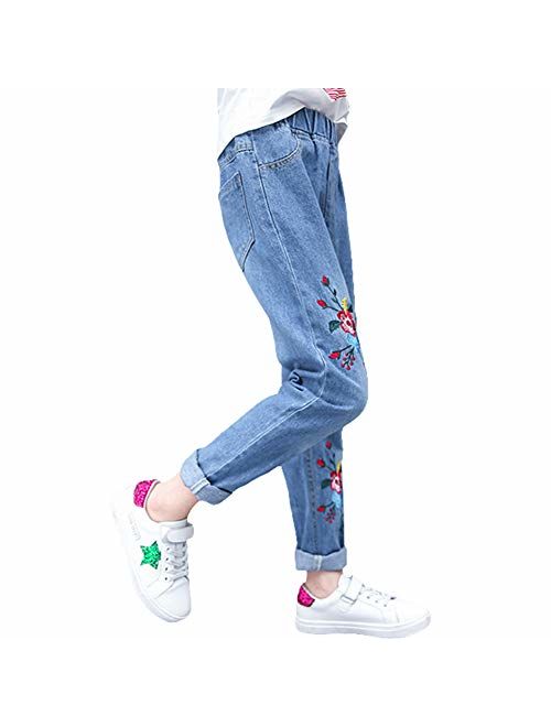 Digirlsor Girls Elastic Waist Jeans Toddler Kids Plum Flower Embroidery Trousers Fashion Denim Pants,3-12Y