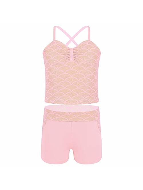 MSemis Kids Girls 2PCS Scales Print Tankini Outfits Ballet Dance Gymnastics Sports Leotard with Bottoms Set Bathing Suit