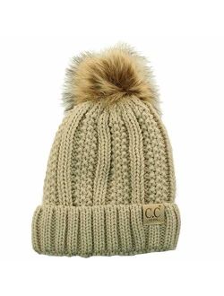 Kids CC Ages 2-7 Sherpa Lining Pompom Thick Stretchy Knit Beanie Cap Hat