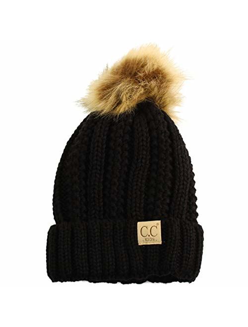 Kids CC Ages 2-7 Sherpa Lining Pompom Thick Stretchy Knit Beanie Cap Hat