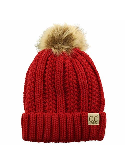 Kids CC Ages 2-7 Sherpa Lining Pompom Thick Stretchy Knit Beanie Cap Hat